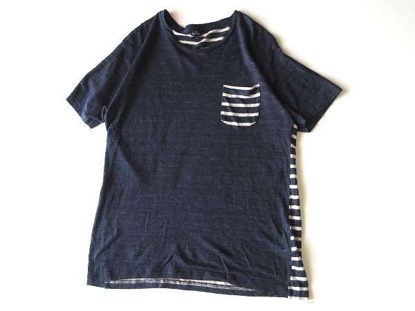 ネコポス対応 PS Paul Smith ポールスミス ボーダー切替 リネンニット ポケットTシャツ 半袖 カットソー L インディゴ ネイビー ホワイト_画像2