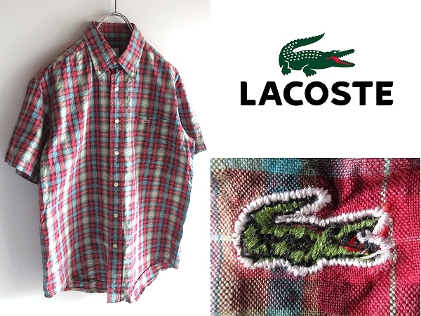 ネコポス可 LACOSTE ラコステ CH805E ワニロゴ刺繍 コットン シアサッカー チェック柄 半袖 BDシャツ 3 バーガンディ ブルーグリーン 春夏_画像1