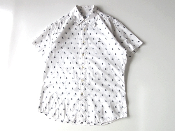 ネコポス対応 LACOSTE ラコステ CH098S ワニロゴ刺繍 コットン 総柄 ヨット柄ジャガード 半袖 シャツ FR:4/L ホワイト ネイビー 白 紺