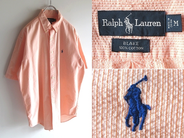 【正規品質保証】 希少 90sビンテージ Ralph Lauren ラルフローレン BLAKE ポロポニーロゴ刺繍 シアサッカーストライプ 半袖 BDシャツ M オレンジ USA企画 Mサイズ 【正規品質保証】 希少 90sビンテージ Ralph Lauren ラルフローレン BLAKE ポロポニーロゴ刺繍 シアサッカーストライプ 半袖 BDシャツ M オレンジ USA企画 Mサイズ