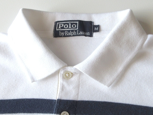 希少 90sビンテージ Polo by Ralph Lauren ラルフローレン ロゴプリント トリコカラー ボーダー ポロシャツ M ホワイト レッド ネイビー_画像4