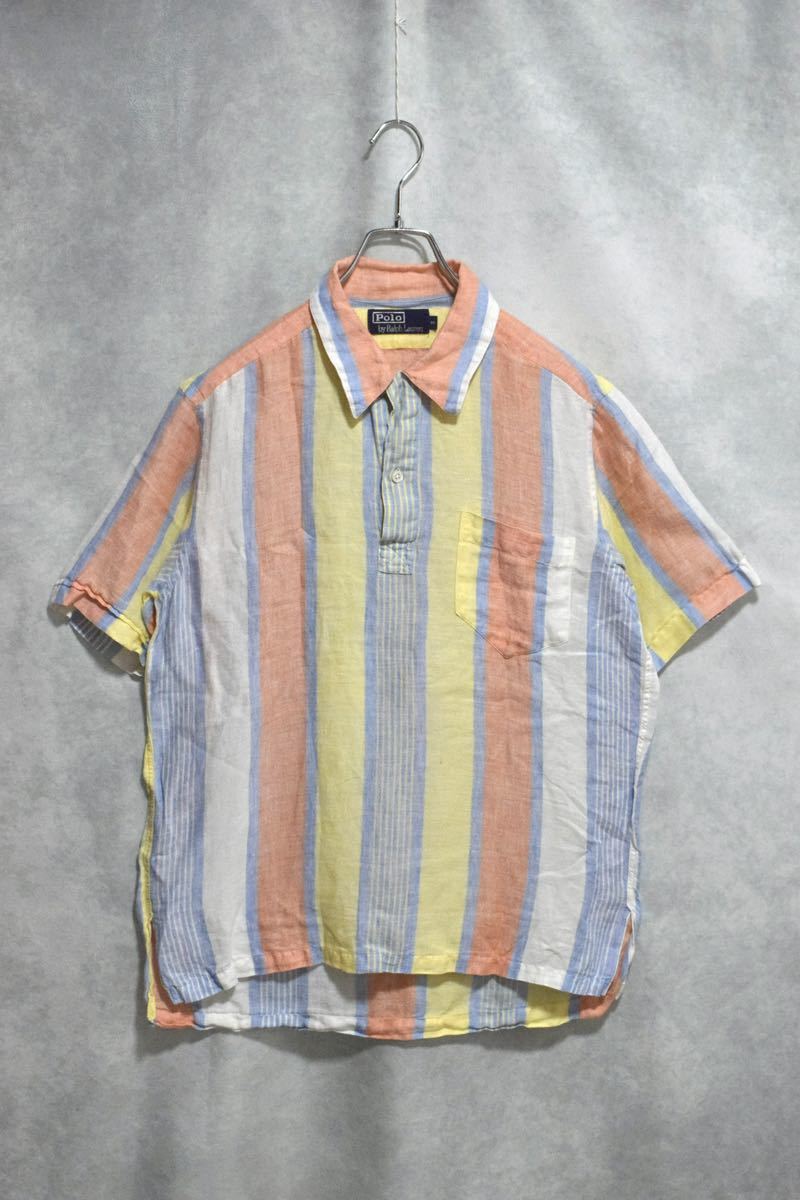 【 90s polo ralph lauren 】 ポロラルフローレン リネン オープンカラー プルオーバー シャツ / size m / 90年代 開襟シャツ