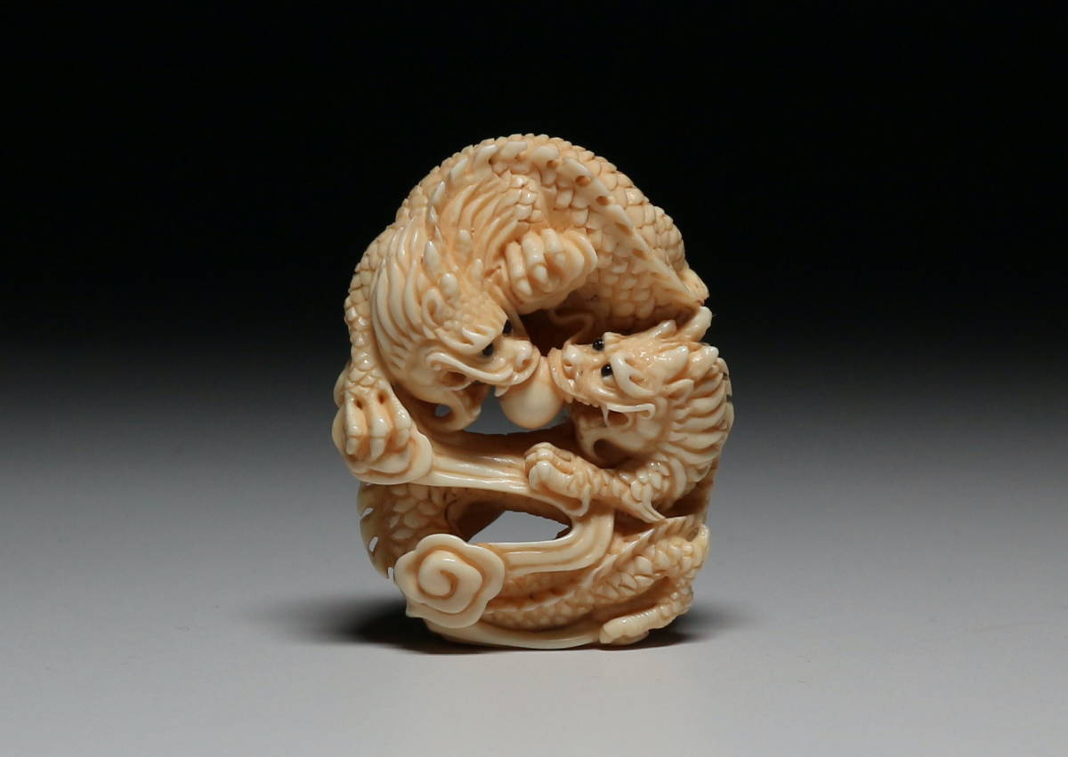 心】k207 マンモス根付 龍 在銘(検:提げ物/緒締め/帯留め/Netsuke)-