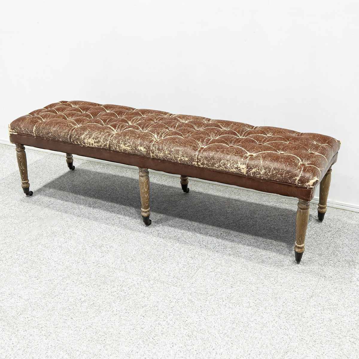 【展示品】DESIGN STUDIO WOOOD デザイン スタジオ ウッド Vintage Bench ヴィンテージ ベンチ キャスター付 本革 ブラウン 定価20万