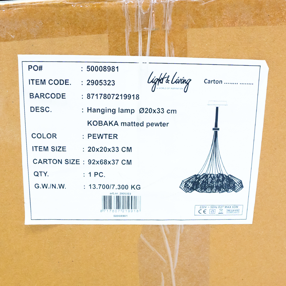【未使用開封品】Light&Living ライトアンドリビング Hanging Lamp KOBAKA ハンギング ランプ コバカ ペンダントライト 天井 照明 定価14万の画像5