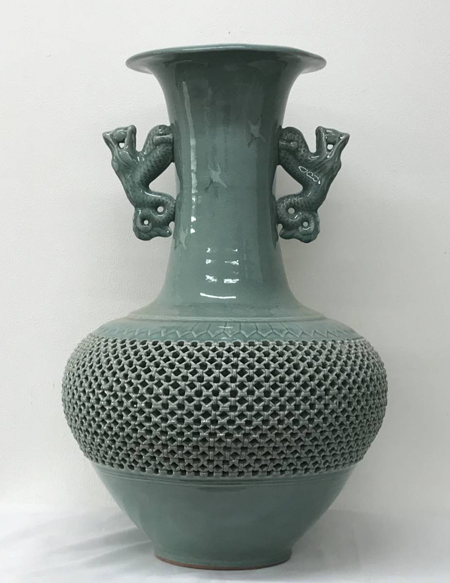 高麗青磁 花瓶 壺 青山 透かし 二重 陶器 陶芸 工芸品 韓国 古美術 美術品-