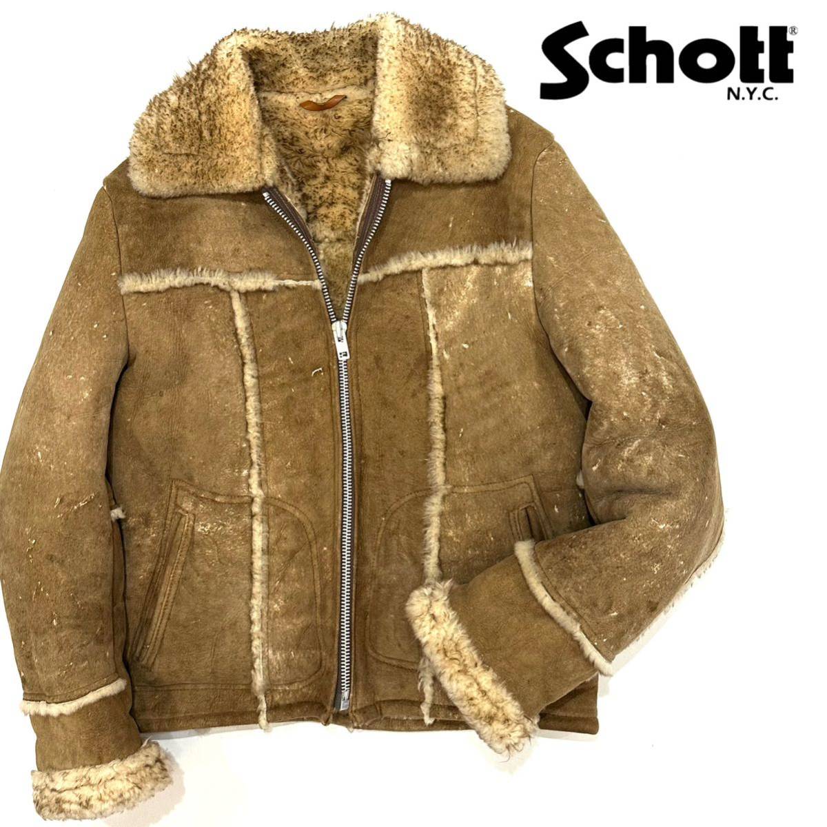 USA製 Schott ショット 羊革 シープスキン ムートン ジャケット (40)ブラウン ベージュ メンズ アウター
