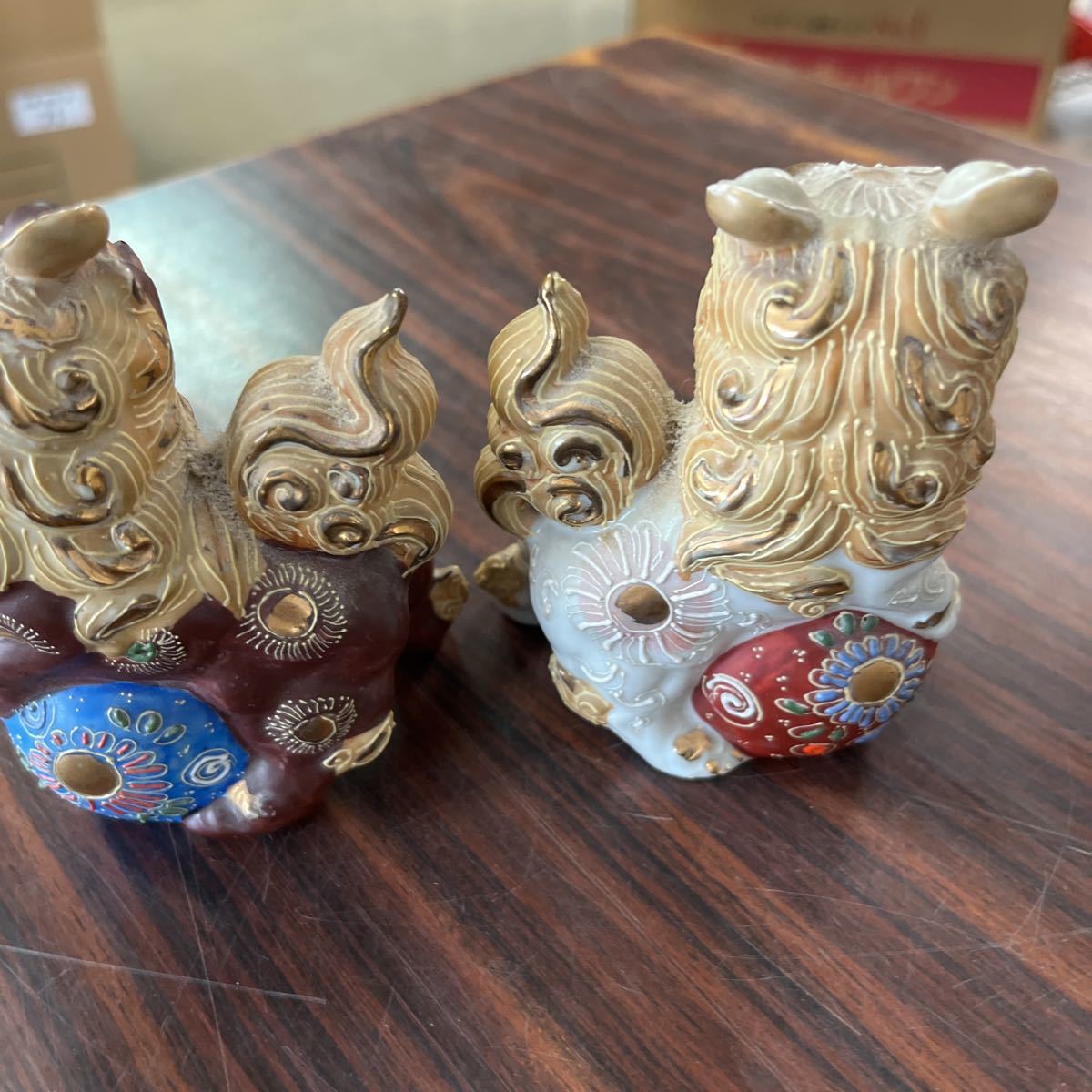 九谷焼 剣獅子像 2個セット 古美術 金彩 開運 置物 装飾 オブジェ コレクション 菊E_画像3