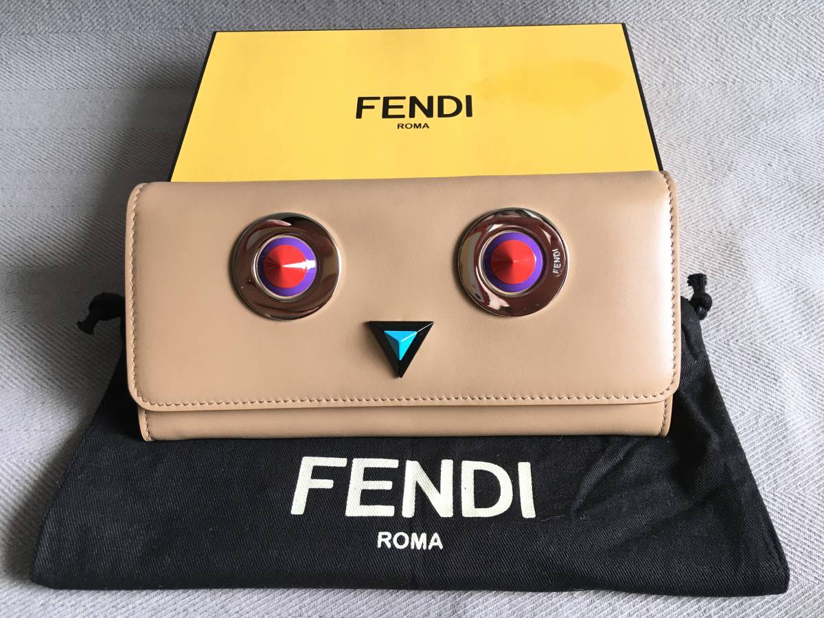 新品 本物 FENDI フェンディ レザー 2つ折り 長財布 モンスター バグズ モチーフ 本革 ベージュ ロゴ_画像1