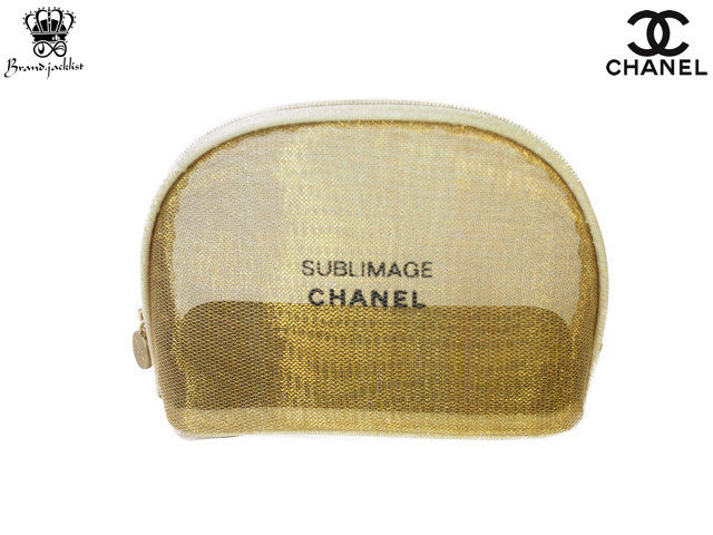 【Used 未使用】シャネル CHANEL ノベルティ ラウンドポーチ コスメポーチ サブリマージュ SUBLIMAGE 収納ポケット付き メッシュ ゴールド_画像1