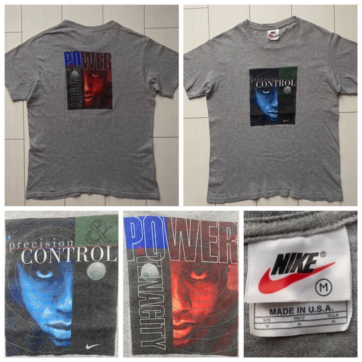 送料無料 90s USA製 vintage ビンテージ NIKE ナイキ TIGER WOODS タイガー ウッズ GOLF ゴルフ 両面 プリント Tシャツ 霜降 グレー 灰 M