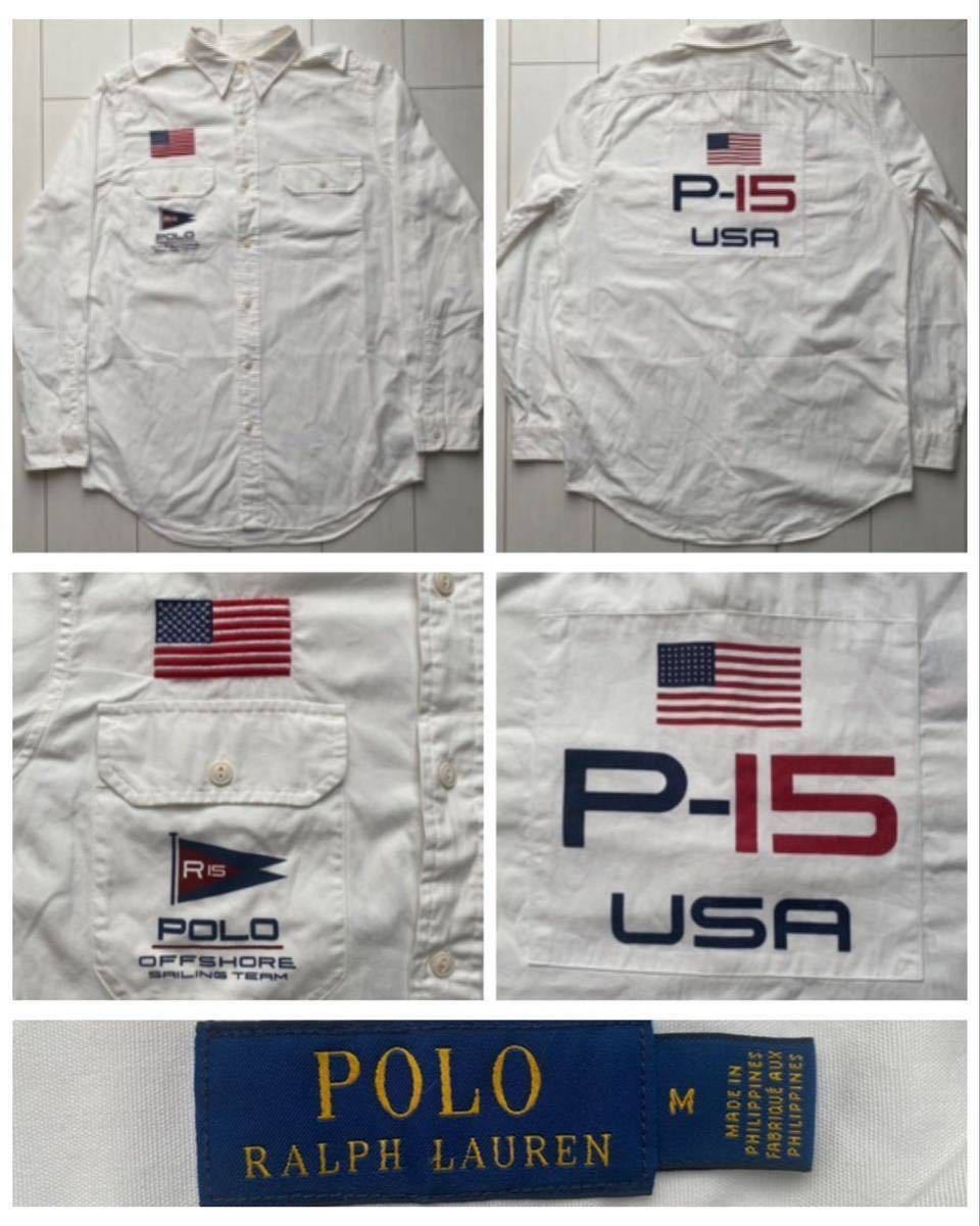 送料無料 美品 POLO ラルフローレン RALPH LAUREN USA OFFSHORE sailing セーリング p-15 長袖 シャツ white ホワイト 白 SPORT rrl M L