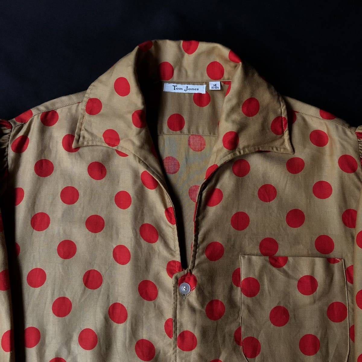 60s Tom Jones Italian Collar Polka Dot Pattern Cotton Open Collar Shirt 60年代 トムジョーンズ 水玉柄 ドッド柄 オープンカラーシャツ_画像3