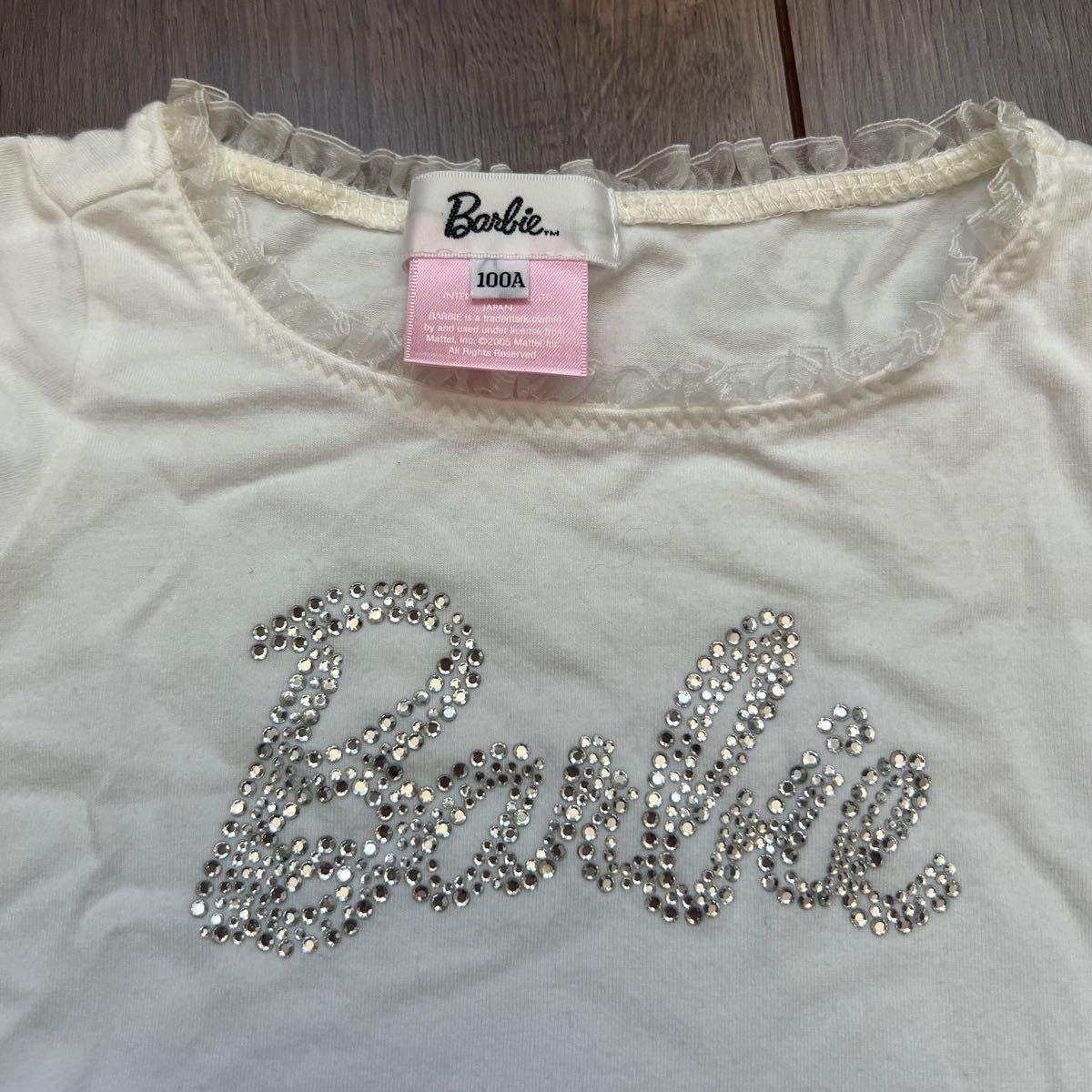 100サイズBarbieフレンチ半袖Tシャツレースラインストーンバービーパフスリーブ白女の子 トップスロゴ
