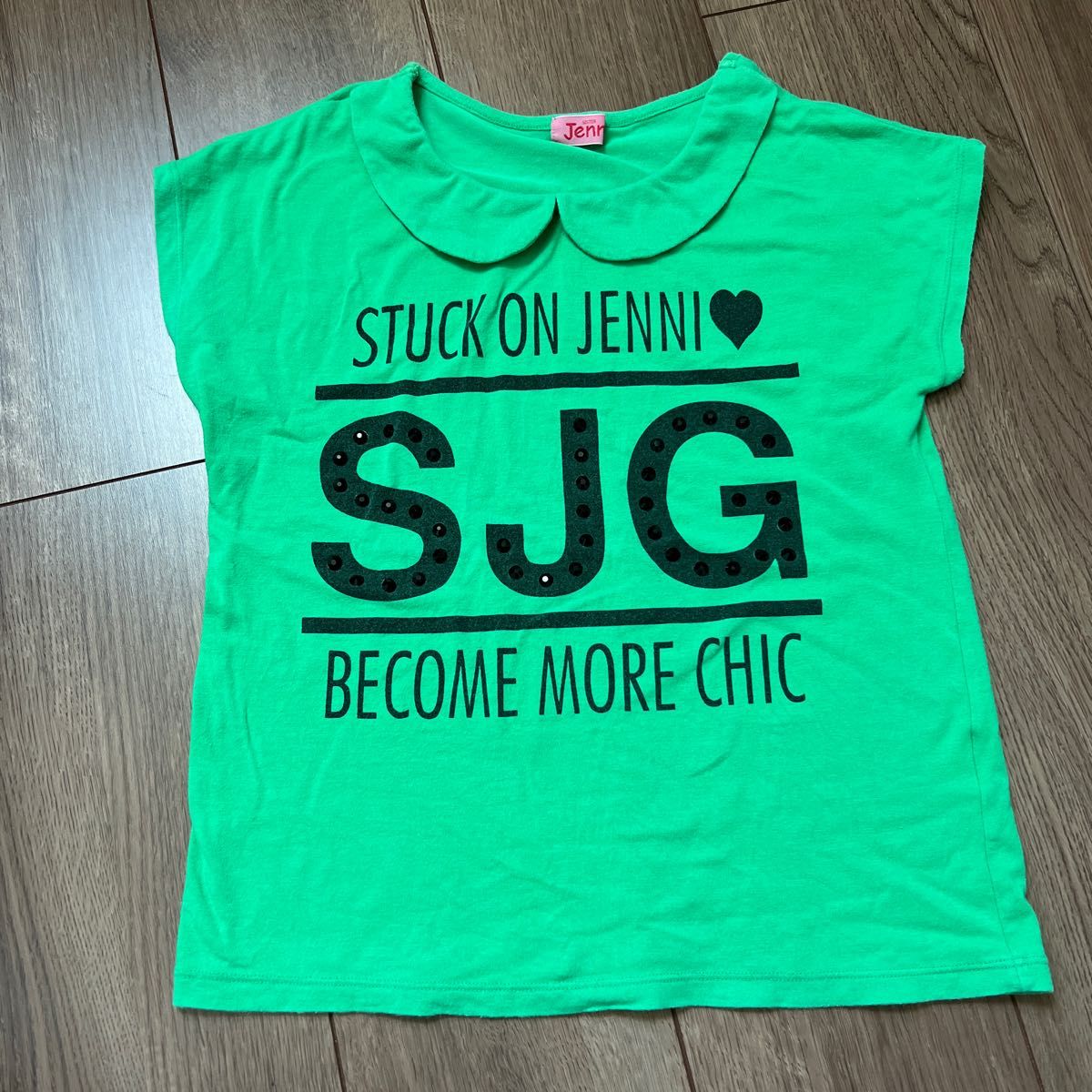 sister JENNI ジェニィ半袖フレンチ袖Tシャツグリーン緑ロゴ140サイズ女の子ノースリーブスタッズ