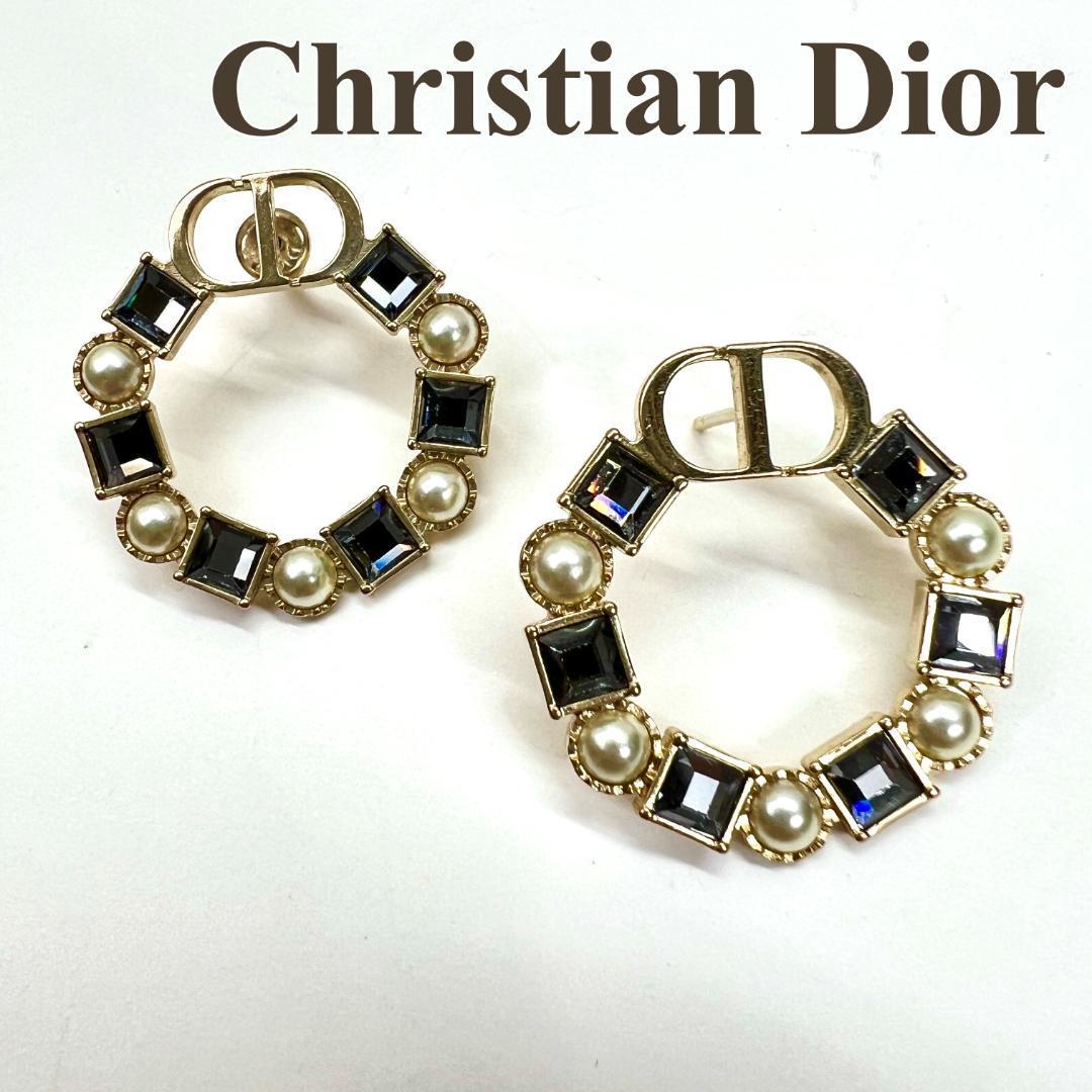 クリスチャンディオール Christian Dior ピアス Fパール ラインストーン ラウンド CD