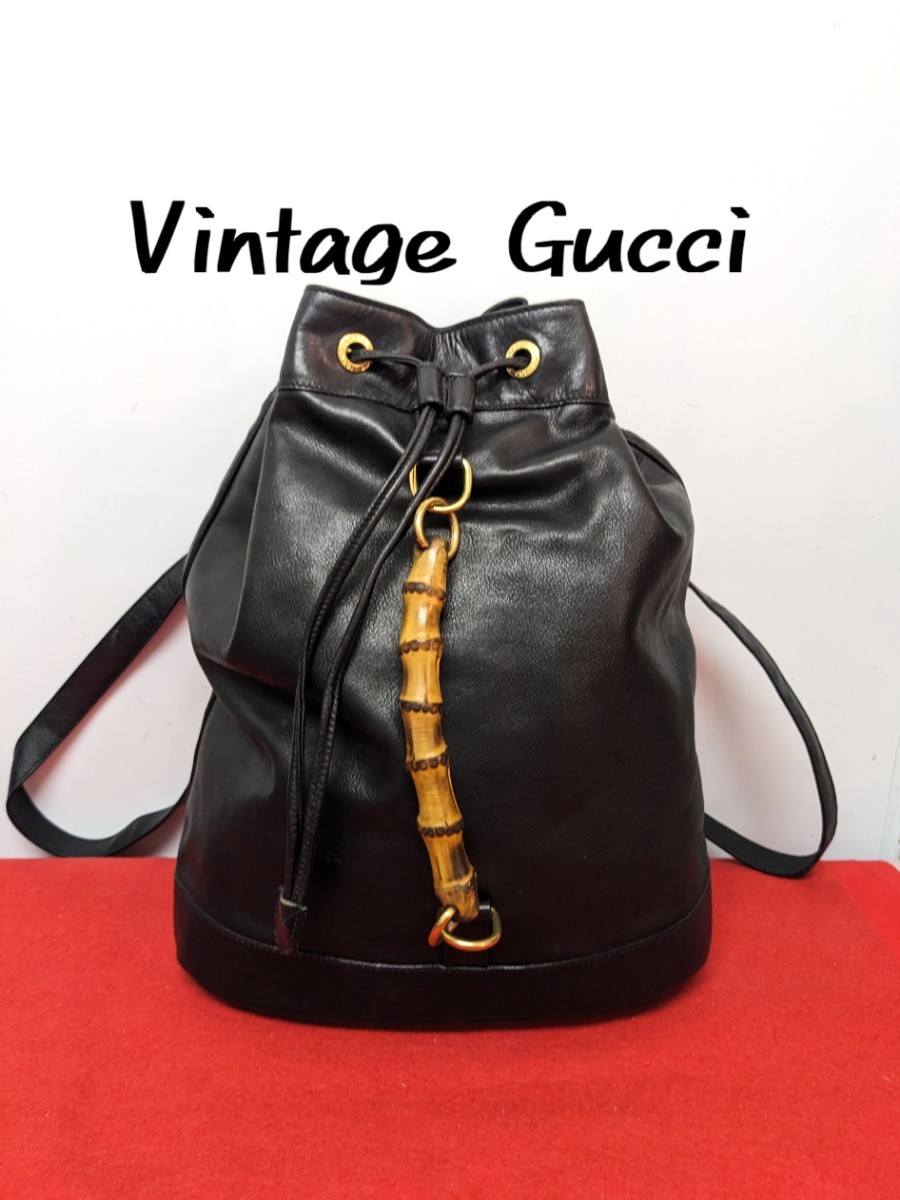 美品 極上！Gucci バンブー 巾着型レザーリュック ブラック バッグパック-