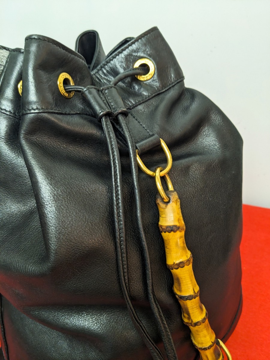 美品 極上!Gucci バンブー 巾着型レザーリュック ブラック バッグパック-