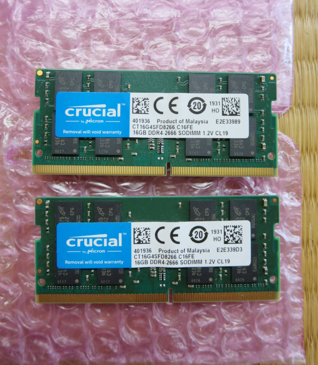 Crucial 32GB (16GB x 2) DDR4 PC4-21300 2666MHz SO-DIMM　中古動作品_画像1