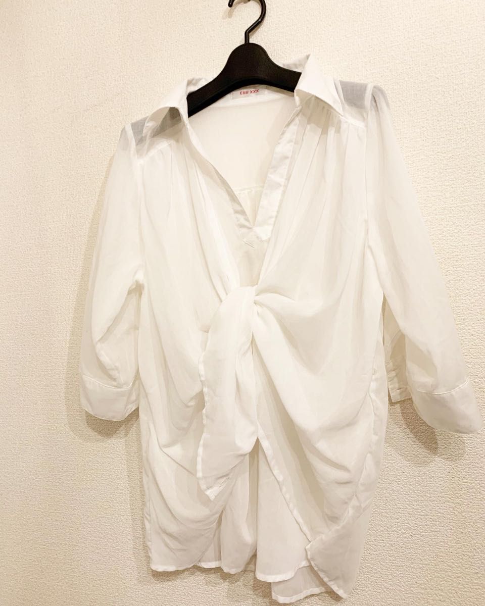 チュー　CHU XXX ホワイト　シフォン　ドレスシャツ　カシュクール　リボン
