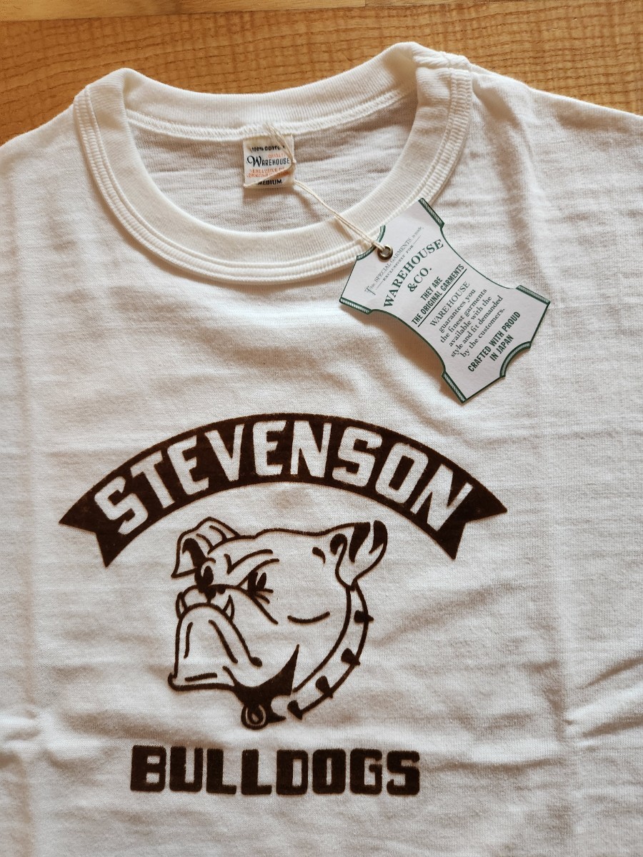 送料込★WAREHOUSE ウエアハウス　4601 12番ムラ糸天竺 半袖プリントTシャツ　アメカジ　STEVENSON ブルドッグ　オフホワイト　M