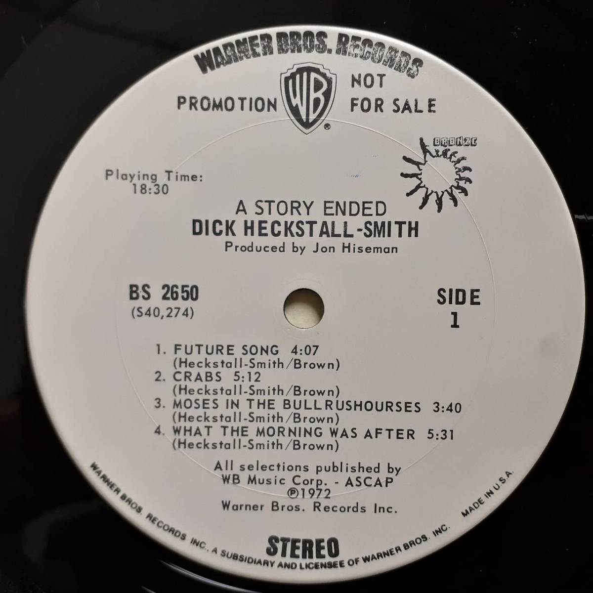 PROMO米オリジLP マト1A プロモ白ラベル Dick Heckstall-Smith /A Story Ended 1972年 Warner BS 2650 Graham Bond Colosseum Greenslade_画像1