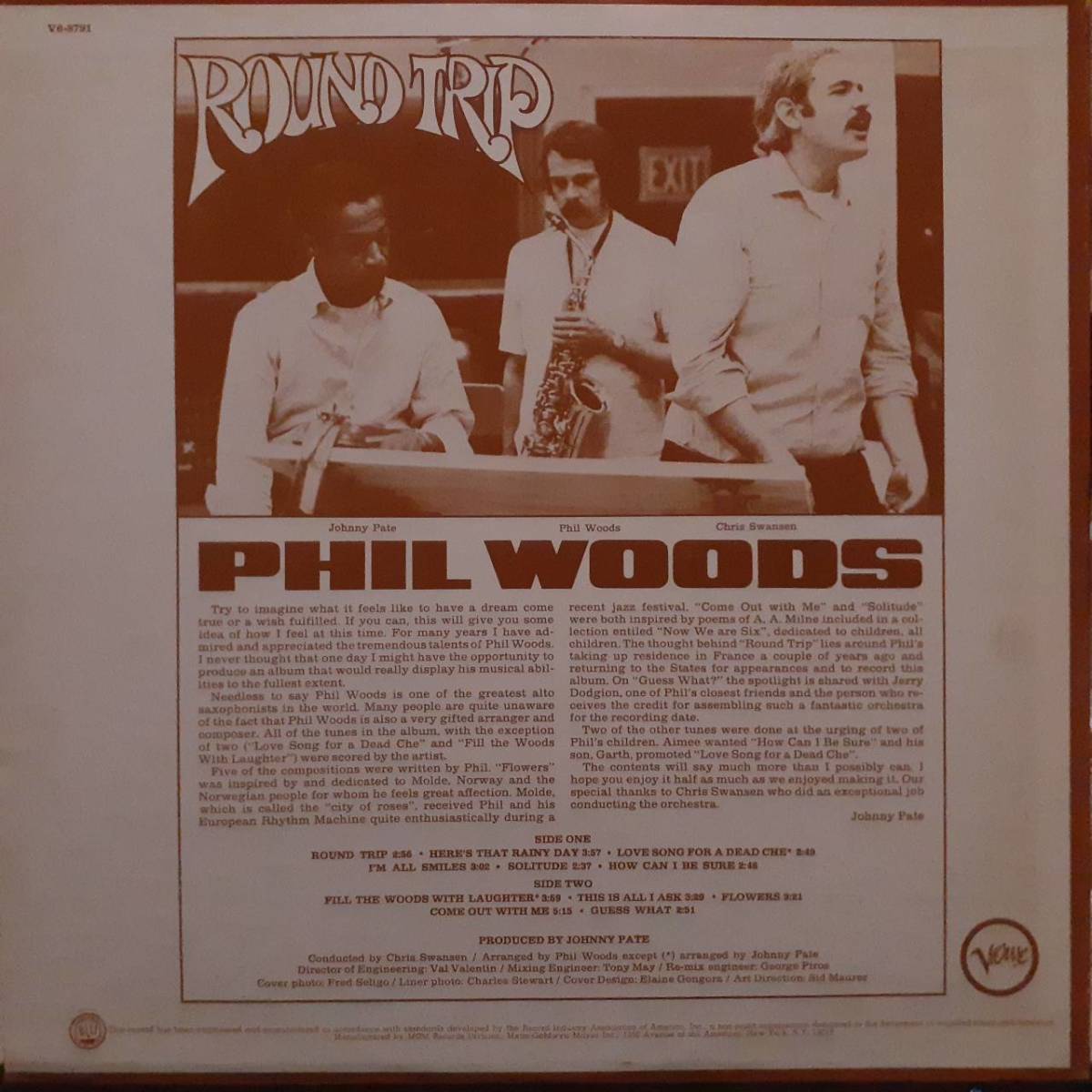 PROMO米VERVEオリジLP！プロモ白ラベル Phil Woods / Round Trip 1969年 V6-8791 Herbie Hancock参加！Johnny Pate フィル・ウッズ_画像3