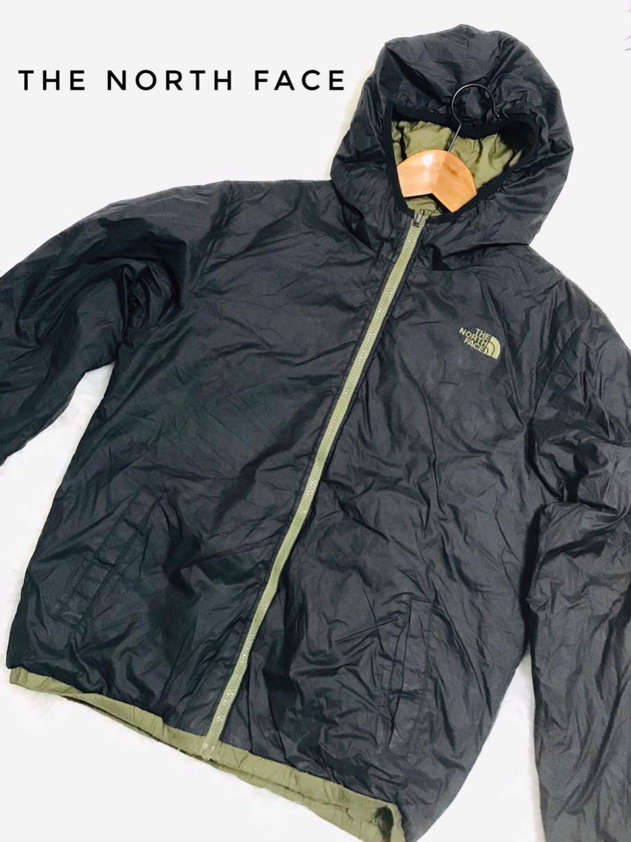 中古 THE NORTH FACE リバーシブル ジャケット ザ ノースフェイス 子ども用 キッズ カーキ 黒 ブラック 秋冬用 L 登山 キャンプ 山 長袖_画像1