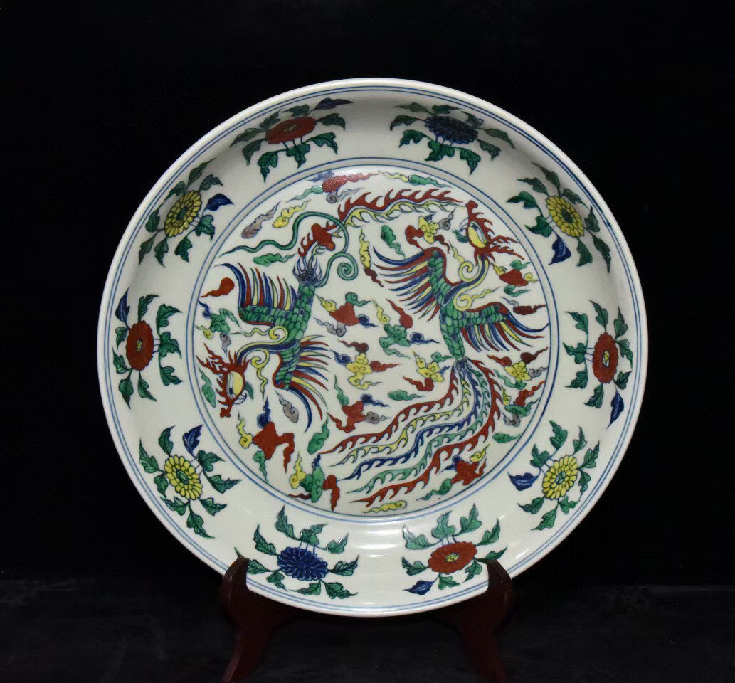 中国 大明 古美術 斗彩 鳳紋 皿 飾皿 時代物 在銘-