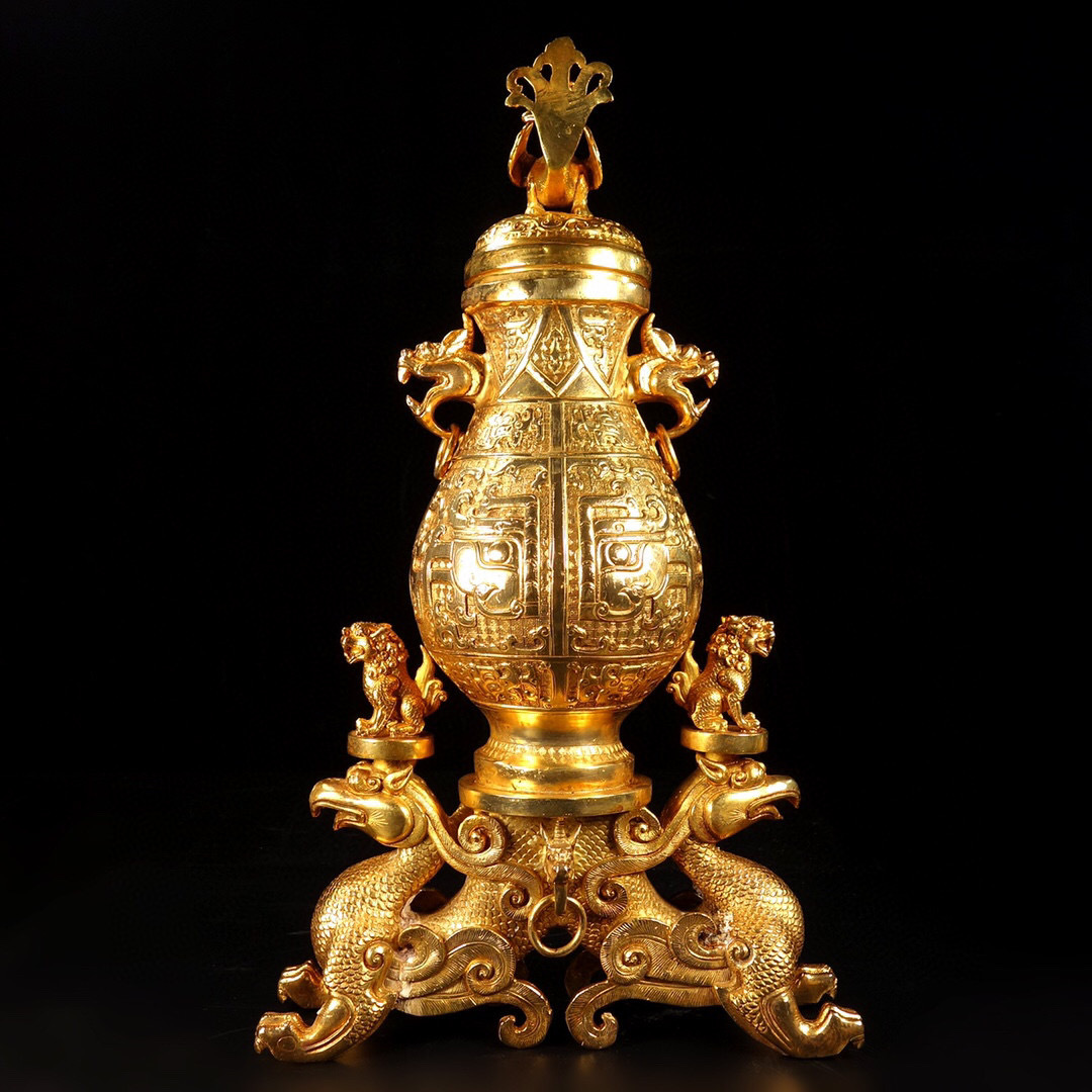 【古寶奇蔵】銅製・塗金・雙耳・雙龍熏香炉・置物・賞物・中国時代美術