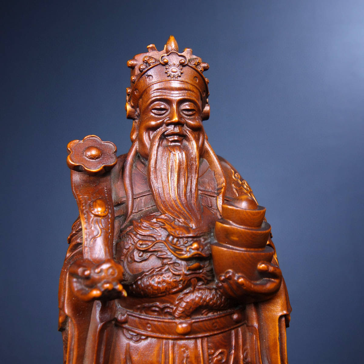 ▽鴻▽ 黄楊木製 細密彫 財神 置物 古賞物 中国古玩 中国古美術-