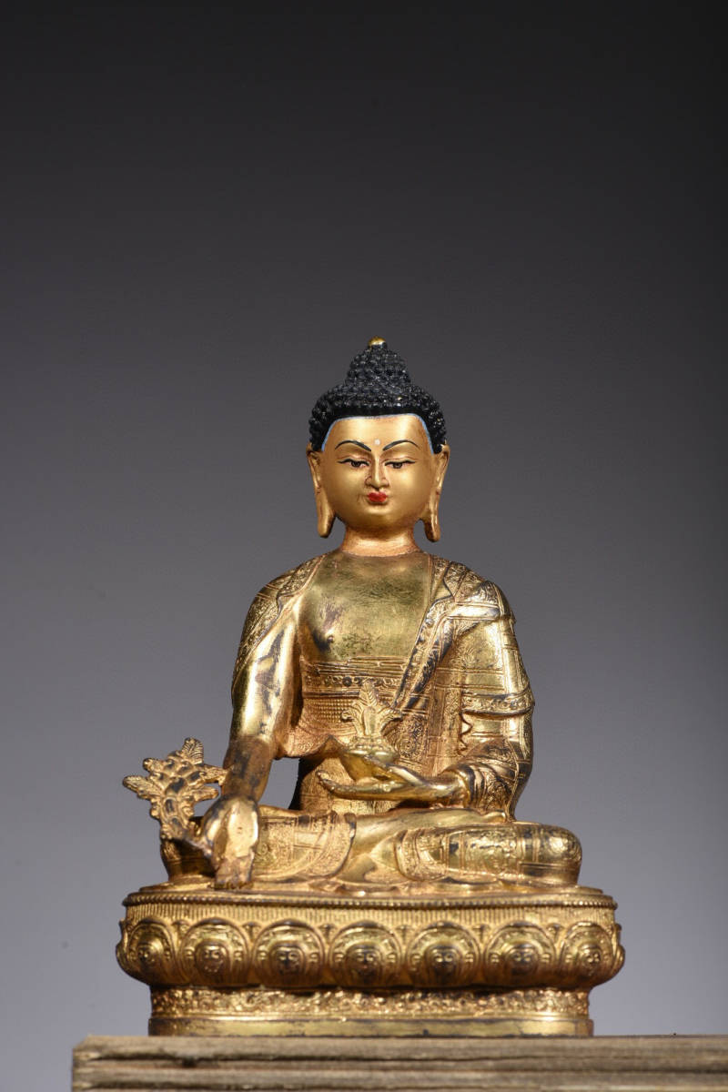 古寶奇蔵】銅製・塗金・藥師像・置物・賞物・中国時代美術-