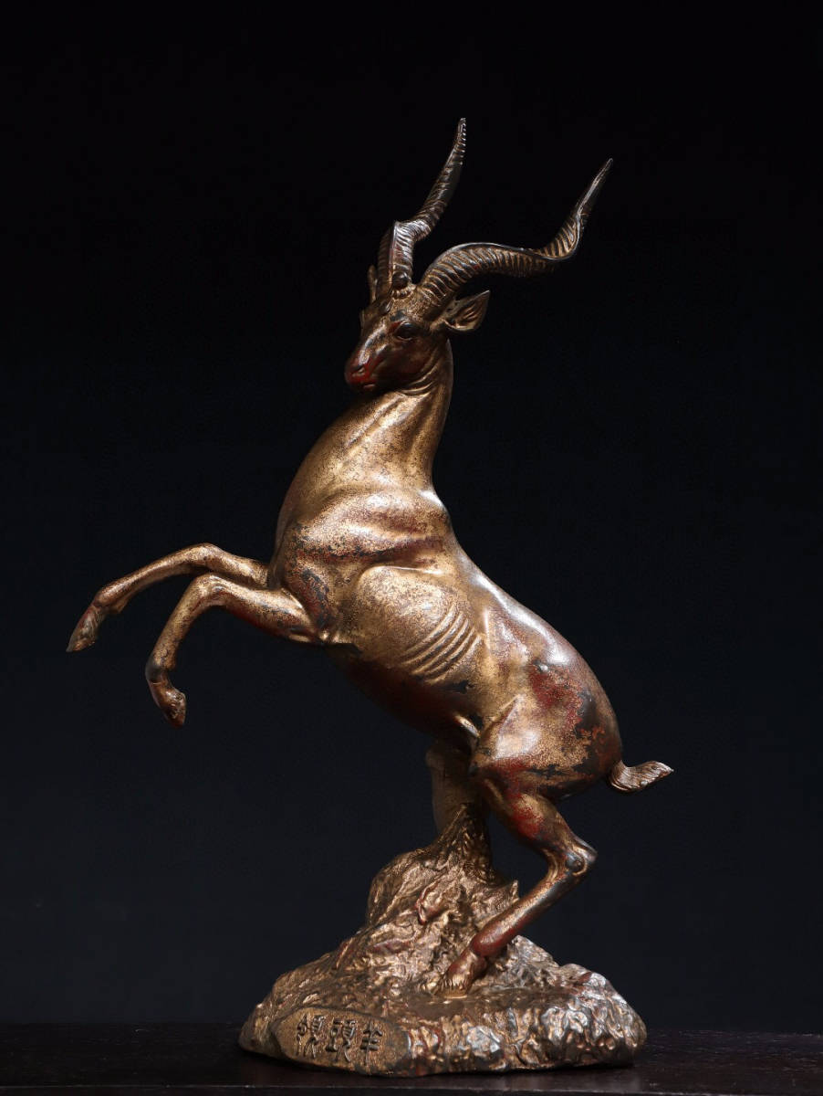 【古寶奇蔵】銅製・泥金・領頭羊・置物・賞物・中国時代美術