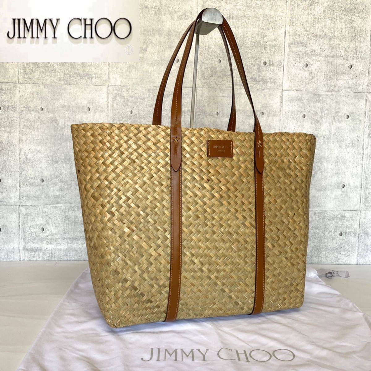 極美品 JIMMY CHOO ジミーチュウ ラフィア ストロー カゴ ハンドバッグ トートバッグ ショルダーバッグ スタースタッズ ラフィア イタリア_画像4