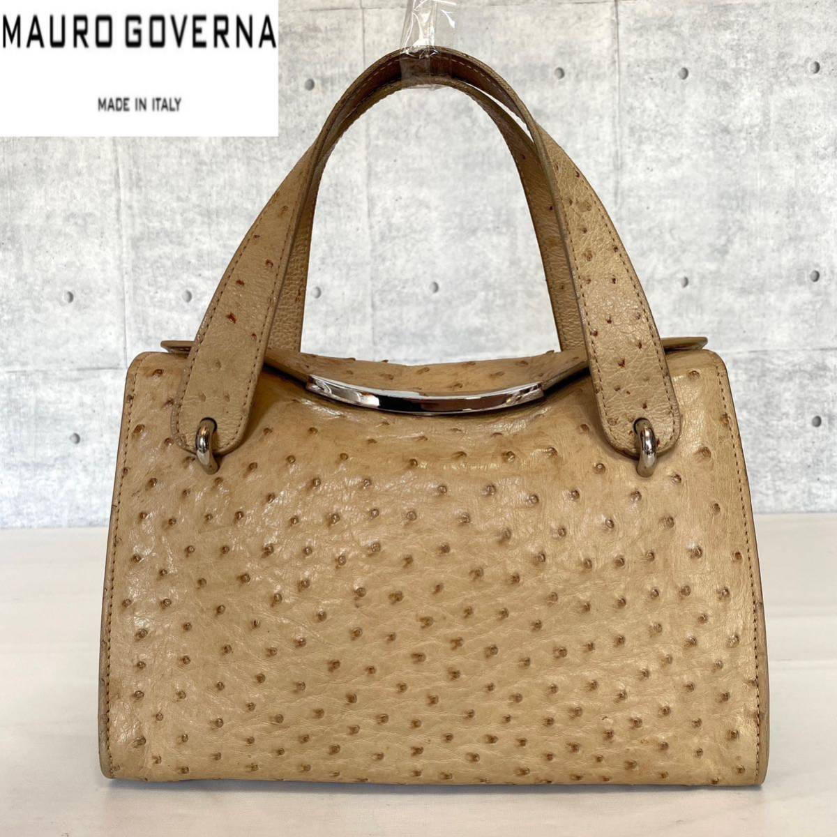 MAURO GOVERNA】オーストリッチ ベージュ シルバー金具ハンドバッグ-