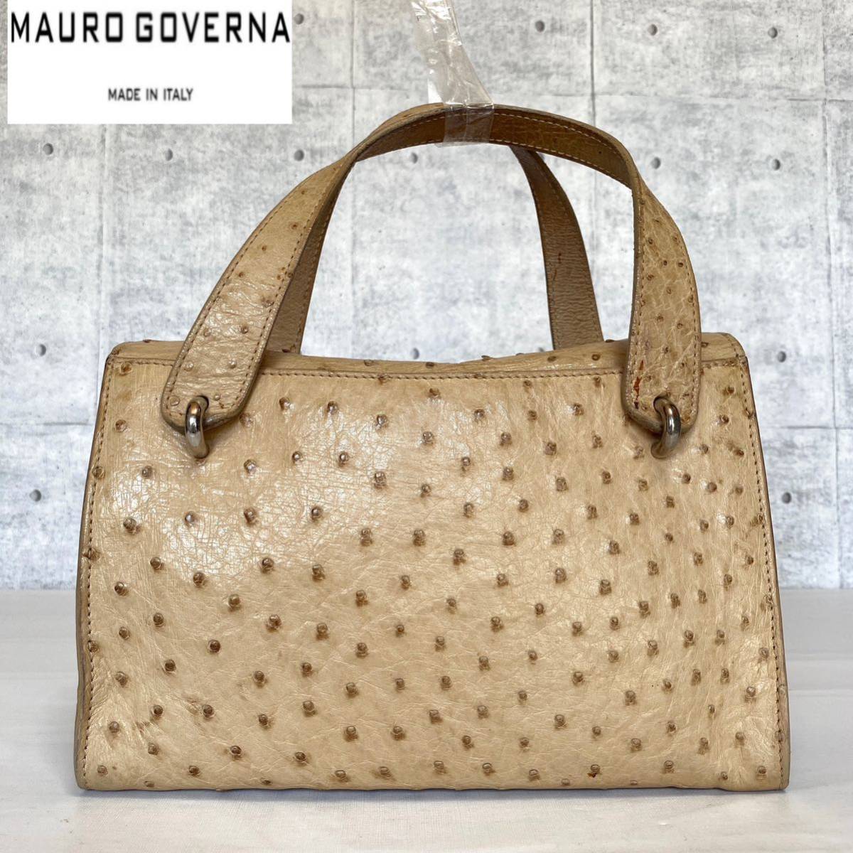 MAURO GOVERNA】オーストリッチ ベージュ シルバー金具ハンドバッグ-