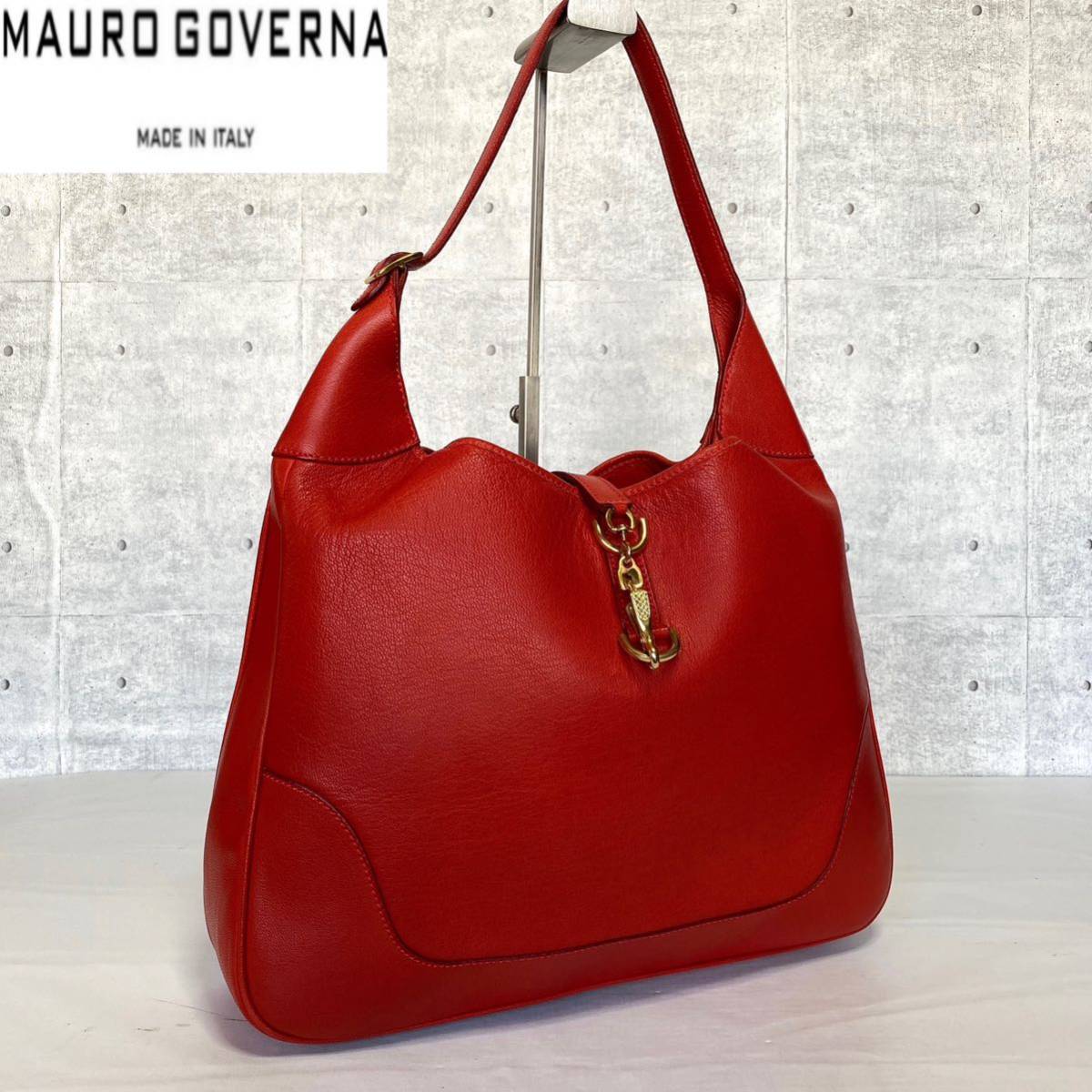 美品】MAURO GOVERNA カーフレザー レッド セミショルダーバッグ-