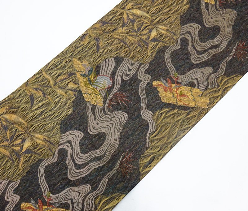 【日本橋つつ井】=正絹　袋帯　山口美術織物製　皇蘆羅　シックな色目　流水といかだの文様　中古美品　訪問着に最適