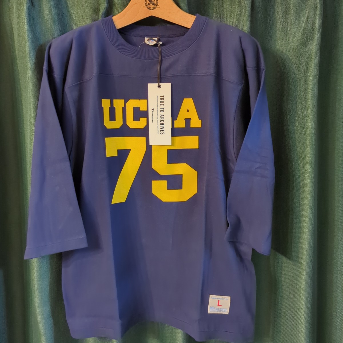 70年代 復刻 UCLA true to archives 七分 フットボール Tシャツ L 日本製 ヴィンテージ パーカー チャンピオン リバースウィーブ yale