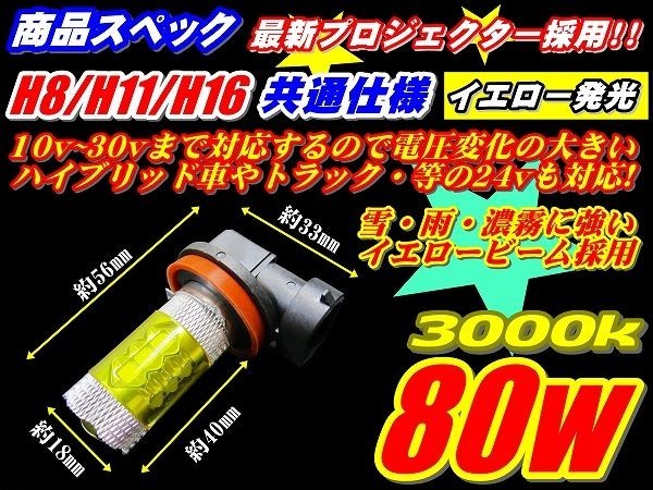 Nネ 80W イエロー フォグLED イエロー発光! 3000k 12V/24V H8/H11/H16/HB3/HB4/PSX26_画像3