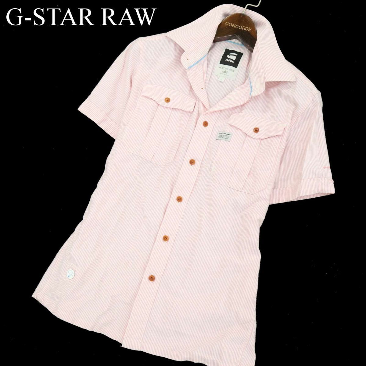 G-STAR RAW ジースター ロウ 【RANGER HICKORY SHIRT S/S】 ロゴ インド綿 半袖 ワーク ストライプ シャツ Sz.S メンズ A3T08955_7#Aの画像1