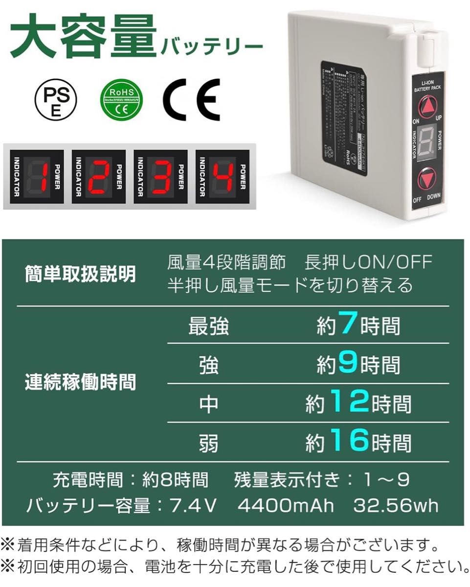 空調服用 ファンバッテリーセット 作業服ファン 日本製マブチモーター 4段階風力調節 大容量バッテリー付き 5200mAh 