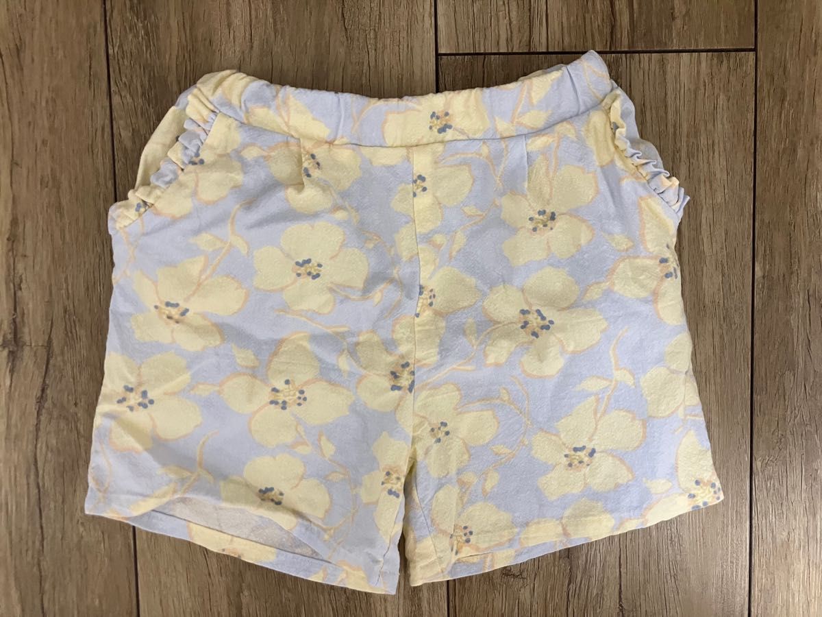 petitmainプティマイン 花柄リネン風スモック＆ショートパンツセットアップ 90ガールベージュ