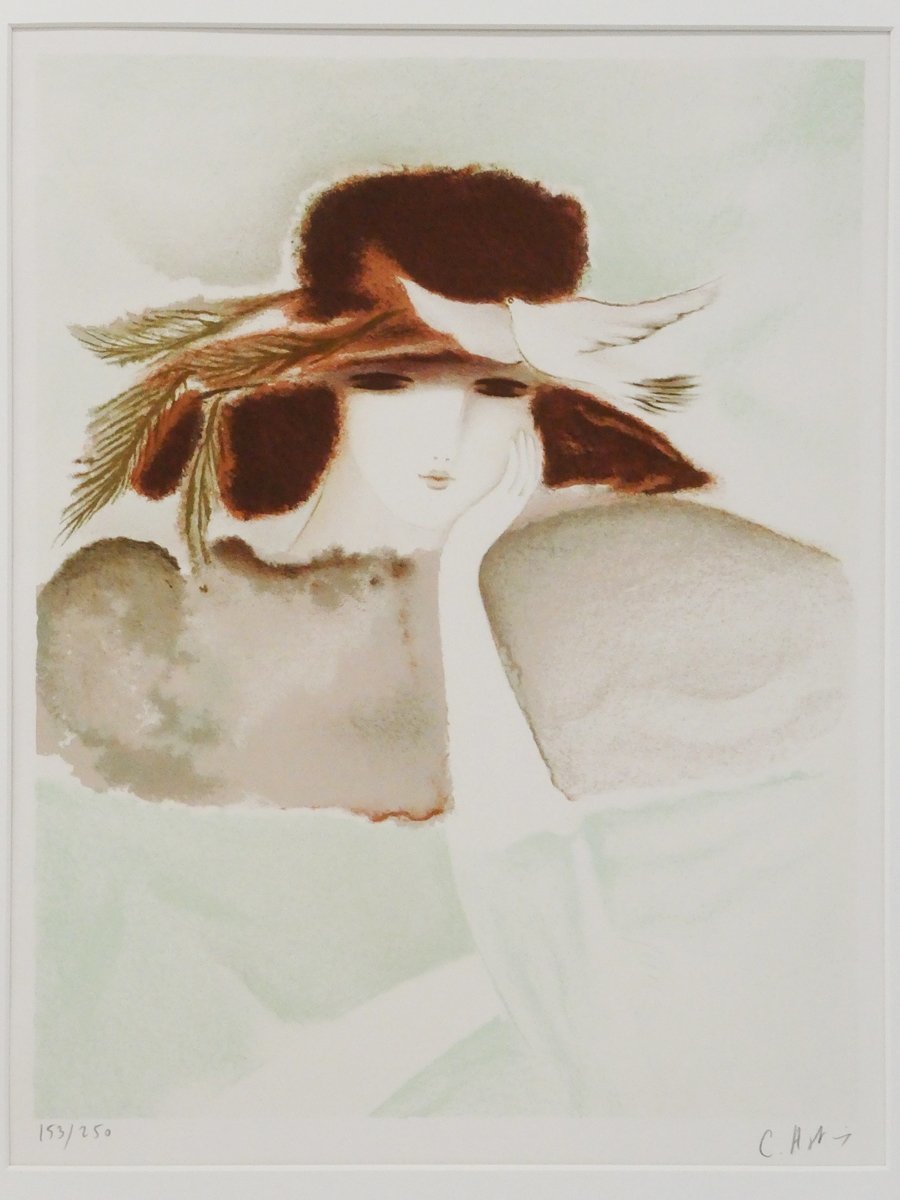 ♯1) クレール・アステックス 帽子の女性 大判 リトグラフ 版画 限定250部制作 額装 直筆サイン入り!! パリの女流画家 人物風景画 美人画