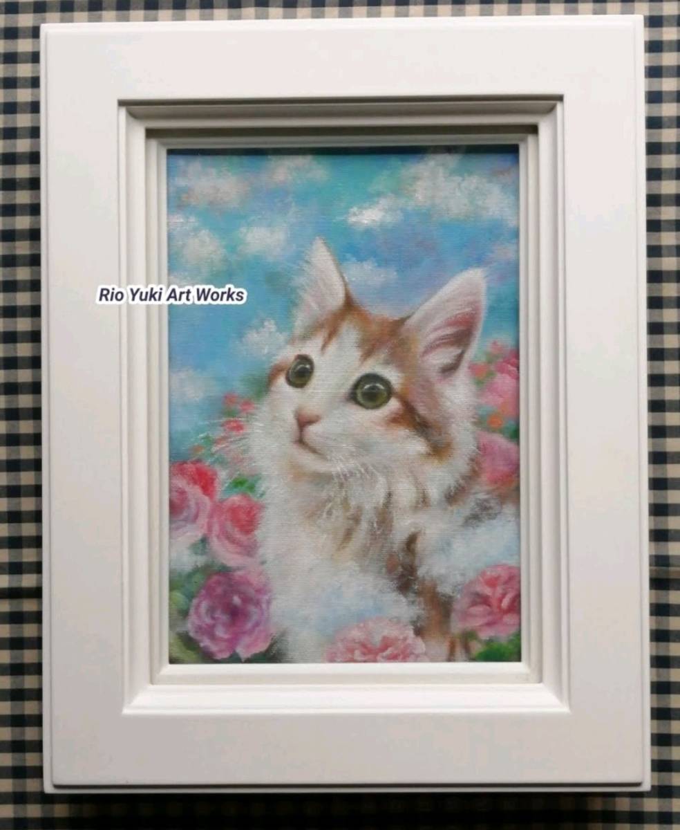 油絵原画「I ask the angel's mood」Rio Yuki 子猫と花園の絵真作 ポストカードセット付　ネコ ねこ cat_画像3