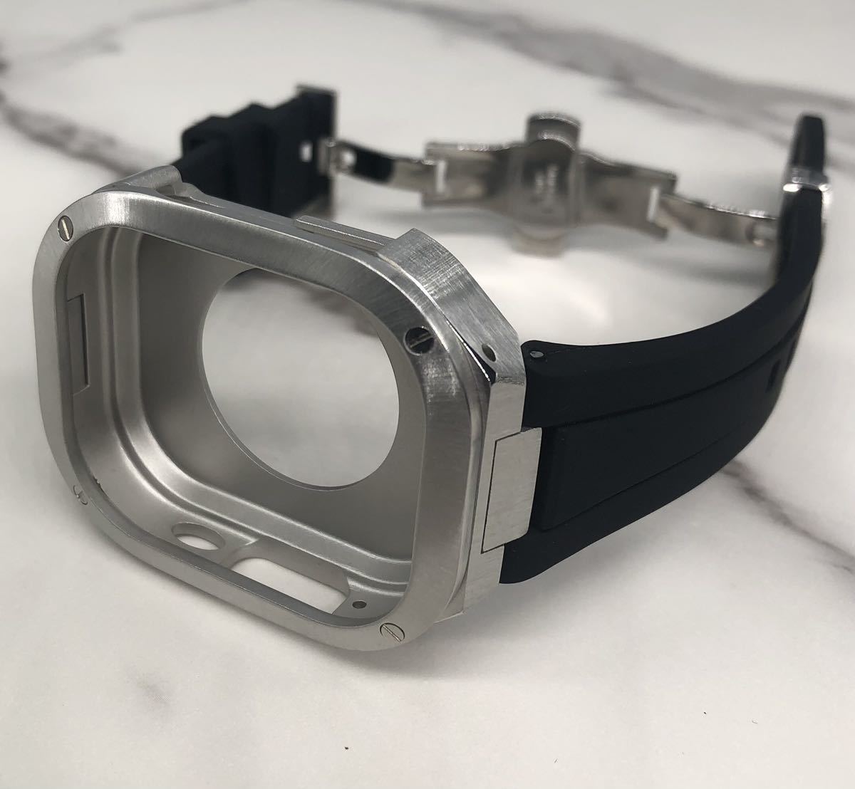 ブラック★アップルウォッチバンド ラバーベルト カバー ステンレス Apple Watch ケース 49mm ウルトラ ultra メンズ レディースの画像1