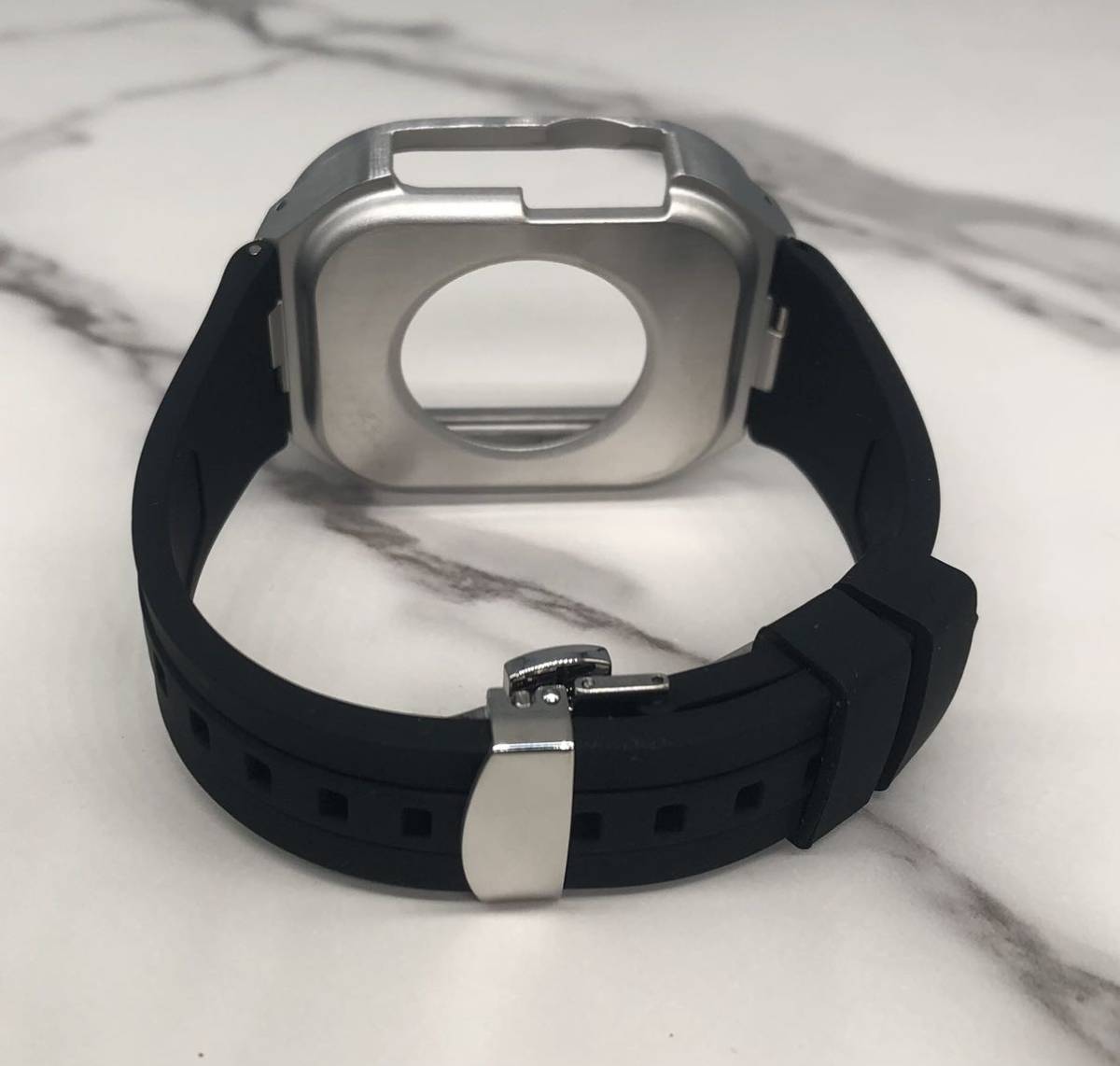 ブラック★アップルウォッチバンド ラバーベルト カバー ステンレス Apple Watch ケース 49mm ウルトラ ultra メンズ レディースの画像4
