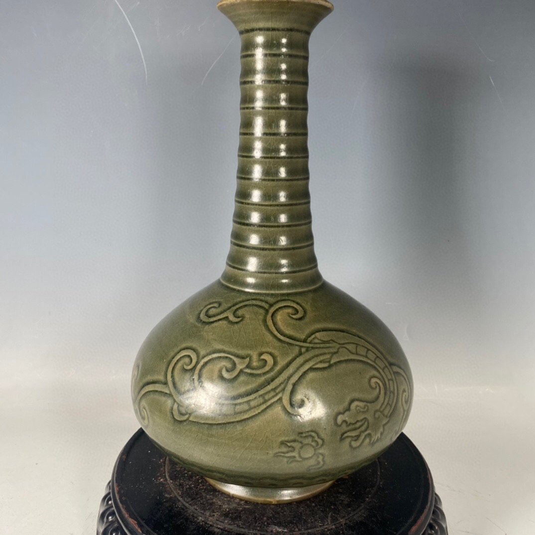◆古寳堂◆宋 越窯 龍紋 賞瓶 古陶瓷品 極細工 古置物 古擺件 中国古美術 時代物 古董品