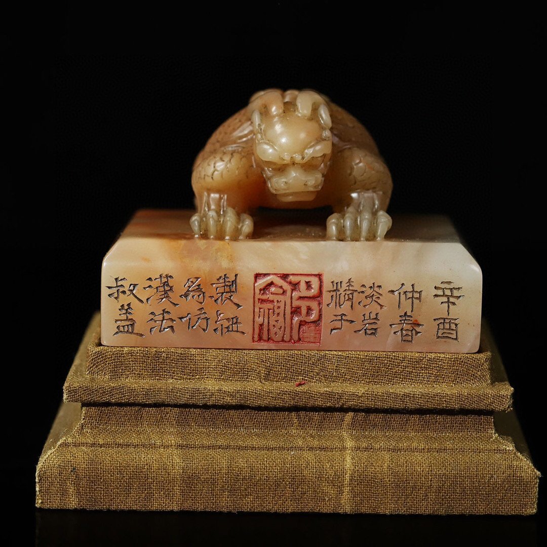 ▽鴻▽ 寿山石 三彩芙蓉石 細密彫 神獣印章 置物 古賞物 中国古玩 中国