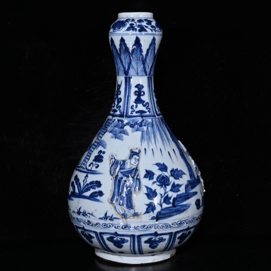 ◆古寳堂◆元 青花 人物紋 蒜頭瓶 古陶瓷品 極細工 古置物 古擺件 中国古美術 時代物 古董品